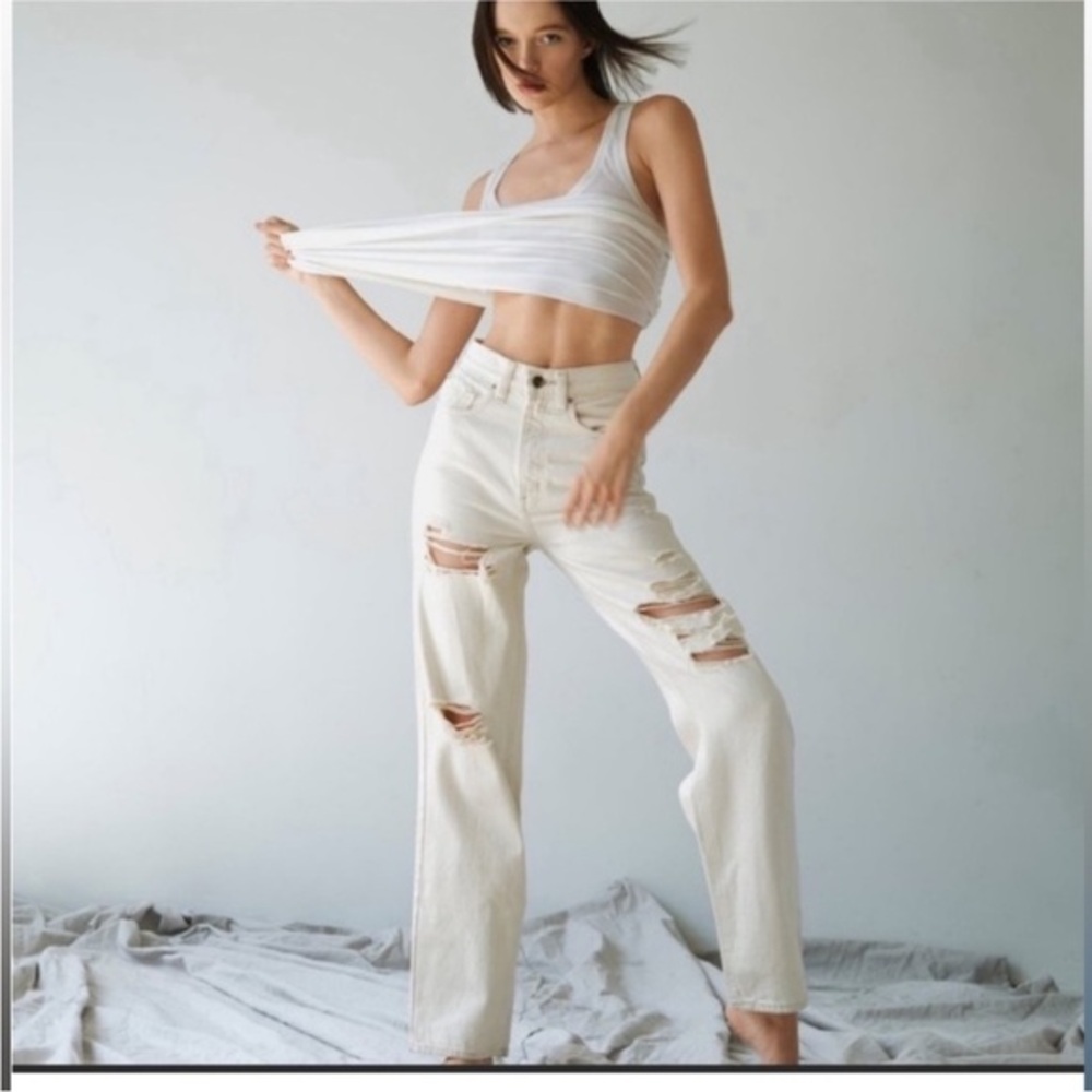 BDG Urban Outfitters Hi-Rise Baggy Skater Cream Distressed Jeans Sz 29 NWOT